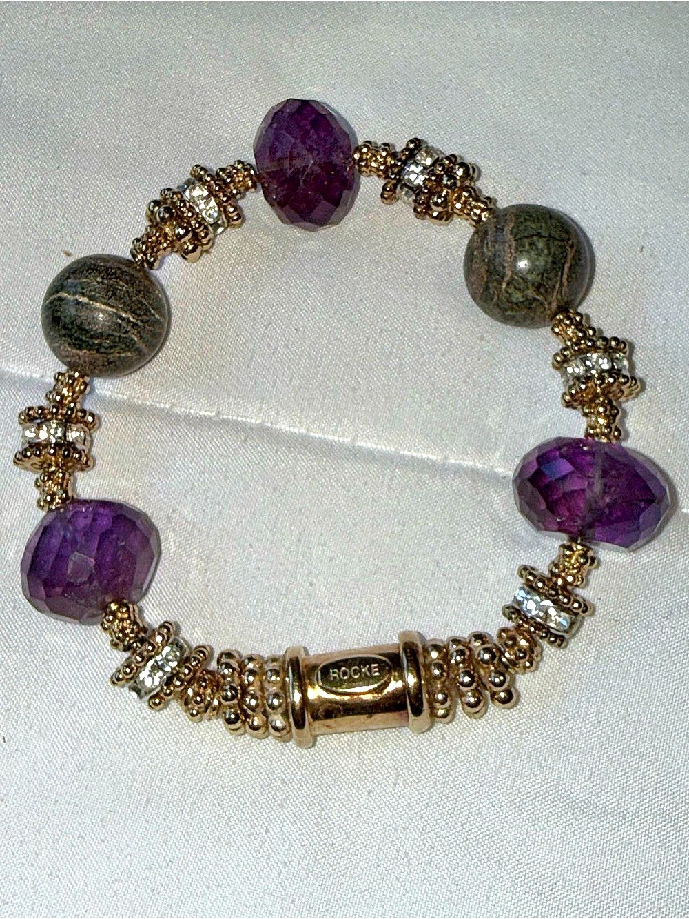 Rocki Gorman signed statement bracelet, purple amethyst gemstone Southwest Boho